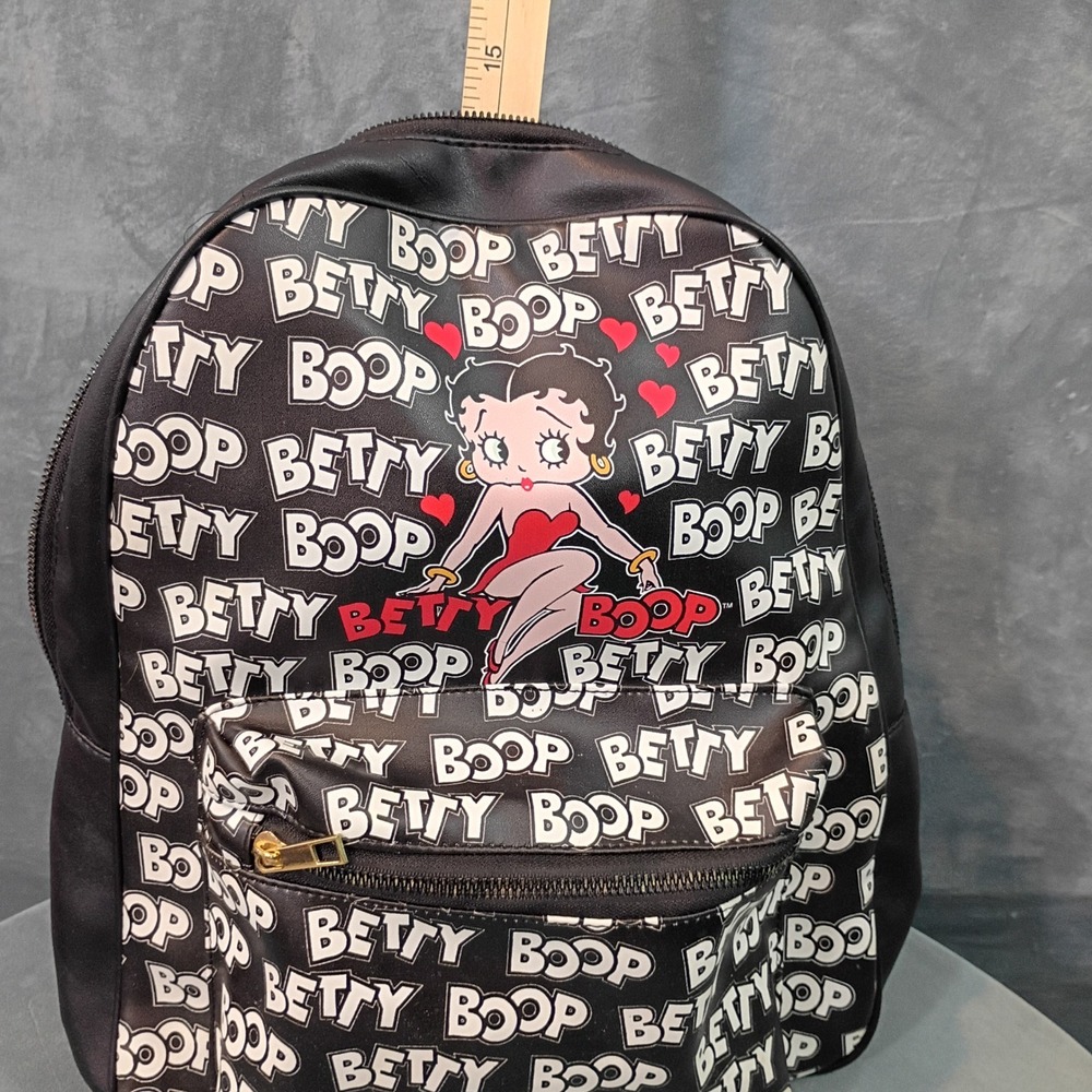 Betty Boop Black Faux Leather Logo Print Backpack Vintage Style Graphic Bag